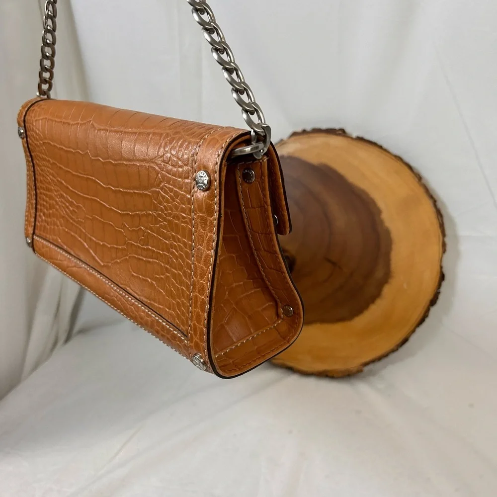 Cognac Croc-Embossed Leather Shoulder Bag with Silver Chain